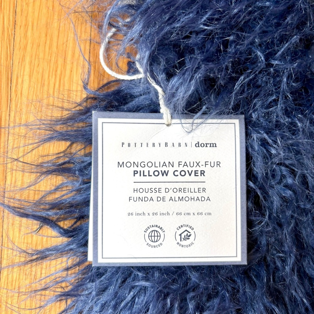 NEW Pottery Barn Dorm Mongolian Faux Fur Pillow Cover Navy Blue 26" Sq #2967A - Picture 2 of 7